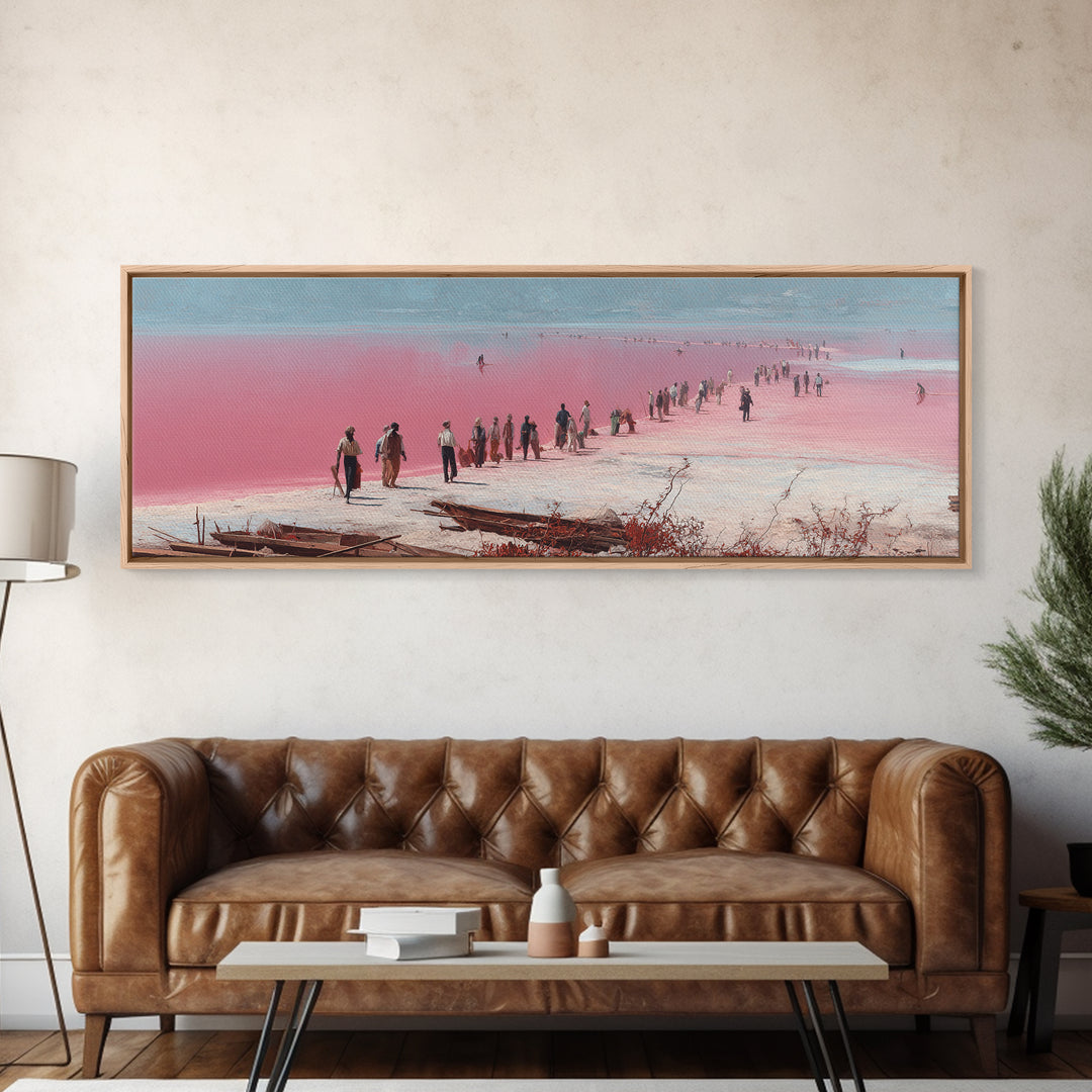Pink Salt Flats Procession Wall Art, African Lake Landscape, Coastal Travel Poster, Pastel Canvas Decor For Living Room Gift