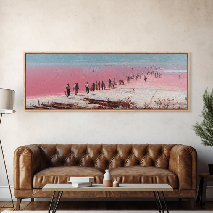Pink Salt Flats Procession Wall Art, African Lake Landscape, Coastal Travel Poster, Pastel Canvas Decor For Living Room Gift