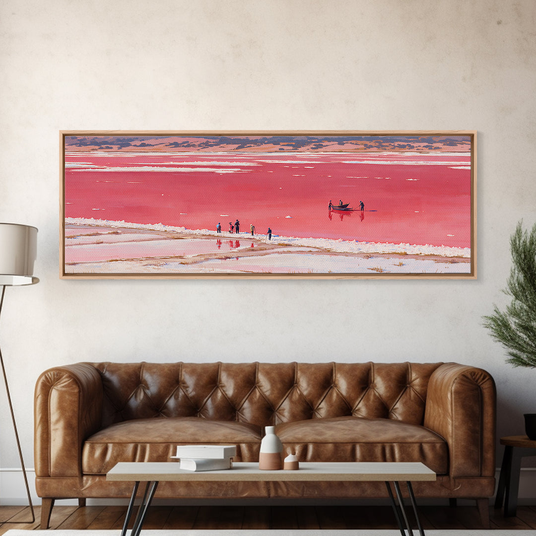 Red Pink Salt Lake Boat Wall Art, African Coastal Landscape, Minimal Travel Poster, Vibrant Canvas Style For Living Room Decor