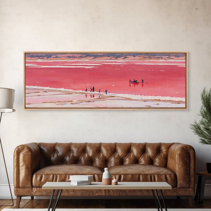 Red Pink Salt Lake Boat Wall Art, African Coastal Landscape, Minimal Travel Poster, Vibrant Canvas Style For Living Room Decor