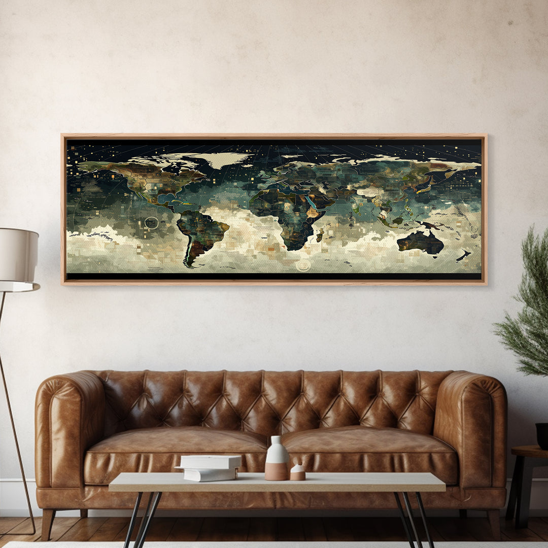 Abstract World Map Wall Art, Earth Tone Travel Decor, Modern Canvas Print Style, Office Geography Poster For Home Office Decor