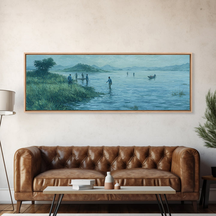Blue Lakeside Village Landscape Wall Art, African Landscape Canvas Print, Serene Nature Scene, Living Room Decor Gift For Home