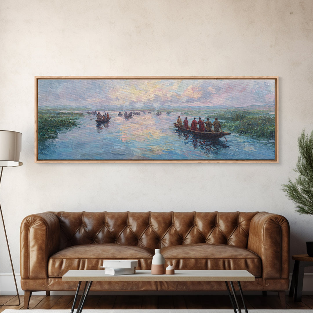 Pastel River Boats At Sunset Wall Art, African Landscape Canvas Print, Serene Safari Decor, Coastal Living Room Gift For Home