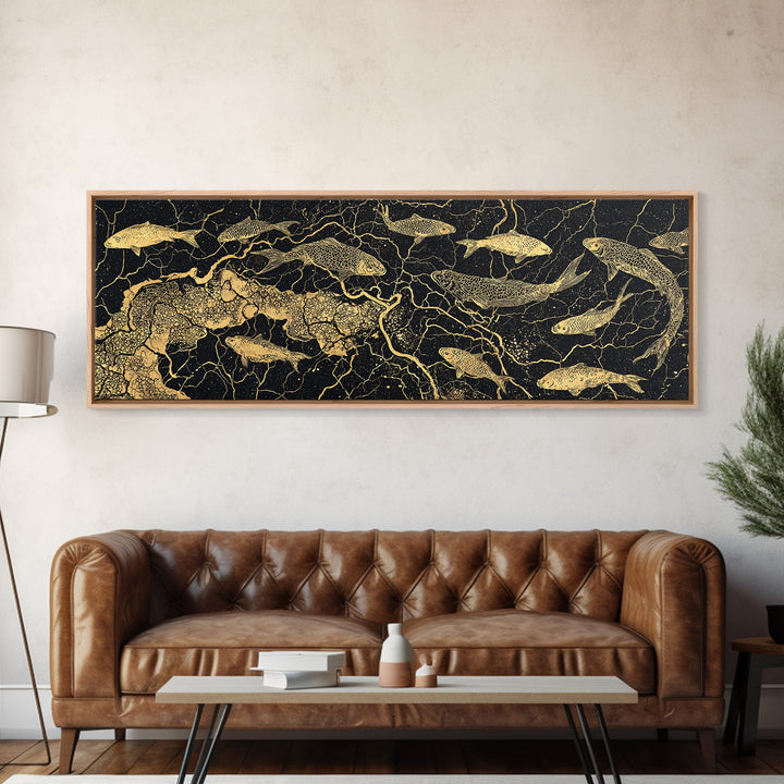 Gold Koi Fish And Cracked Map Wall Art, Black And Gold Canvas Print, African Inspired Decor, Luxury Statement Home Art Gift