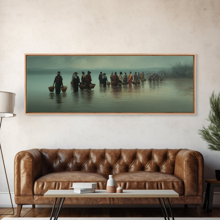 Misty African Fishermen Procession Wall Art, Panoramic Lake Landscape, Cultural African Decor, Serene Safari Home Decor Gift