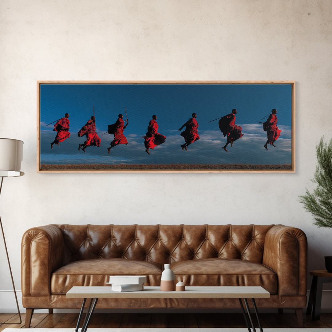 Red Maasai Warriors Leaping With Spears Wall Art, Panoramic African Tribal Art, Safari Decor, Bold Cultural Home Decor Gift