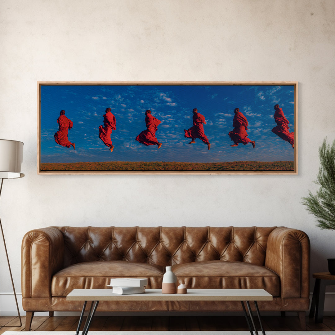 Floating Red Maasai Dancers Framed Canvas Print, African Wall Art, Tribal Safari Decor, Vibrant Cultural Living Room Art
