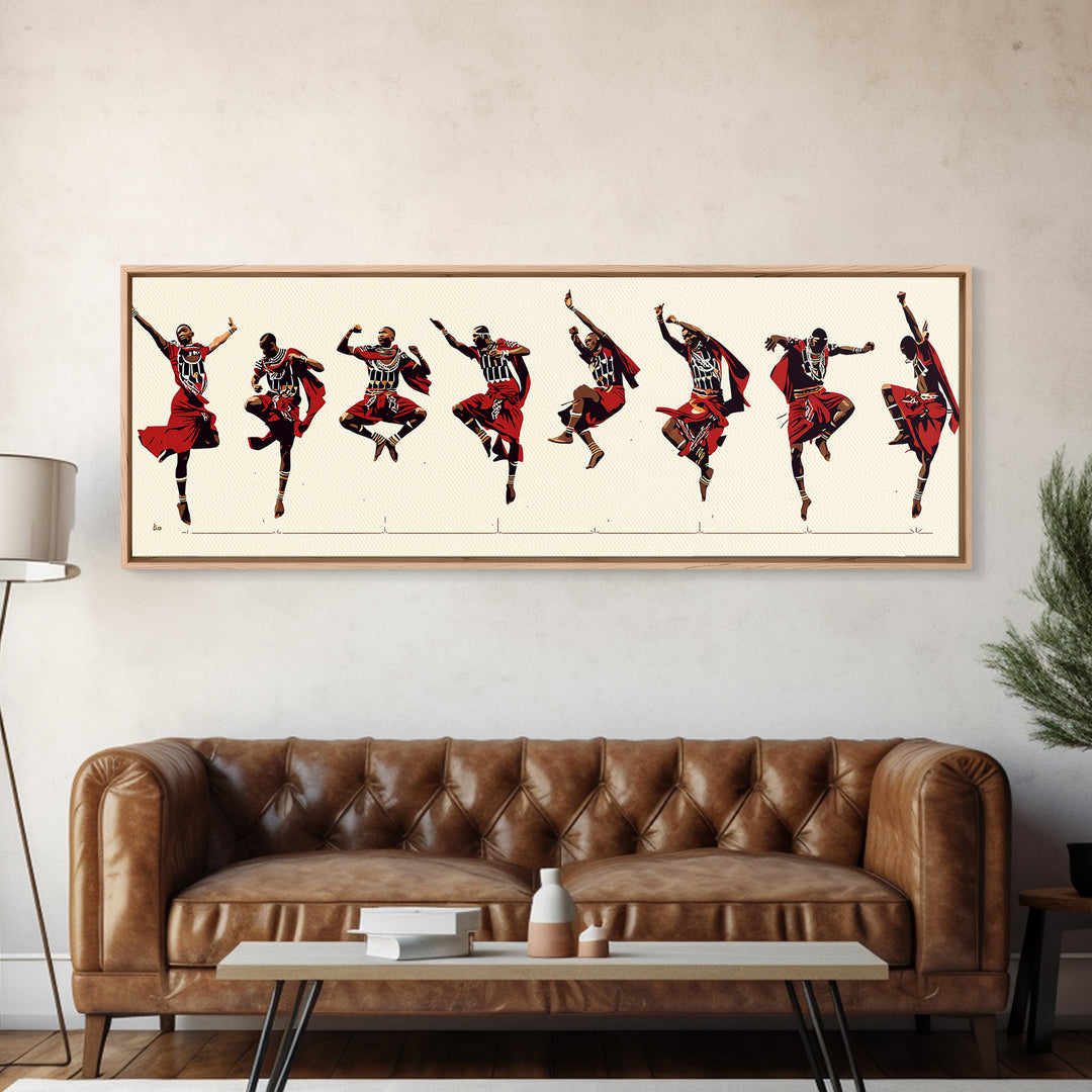 Traditional Maasai Dance Line Canvas Print, African Art Prints, Red Tribal Wall Decor, Afrocentric Culture Gift For Home