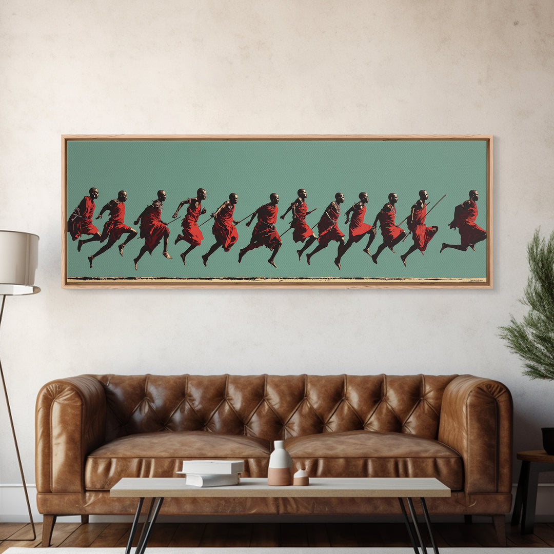 Dynamic Maasai Warriors Running Wall Art, African Warrior Art, Tribal Culture Canvas, Panoramic Safari Home Decor Art Gift