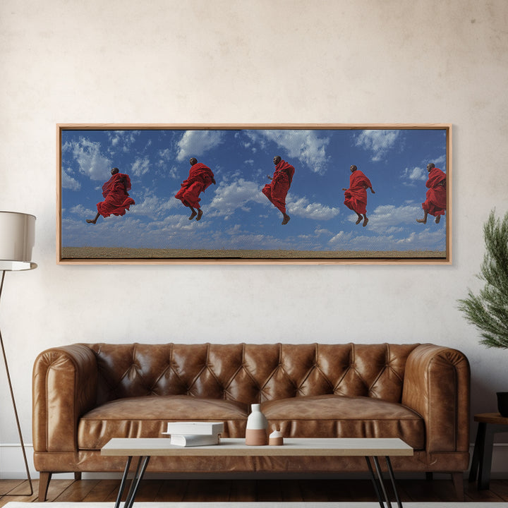 Airborne Maasai Dancers Under Clouds Canvas Print, African Wall Art, Red Tribal Safari Decor, Cultural Statement Gift For Home