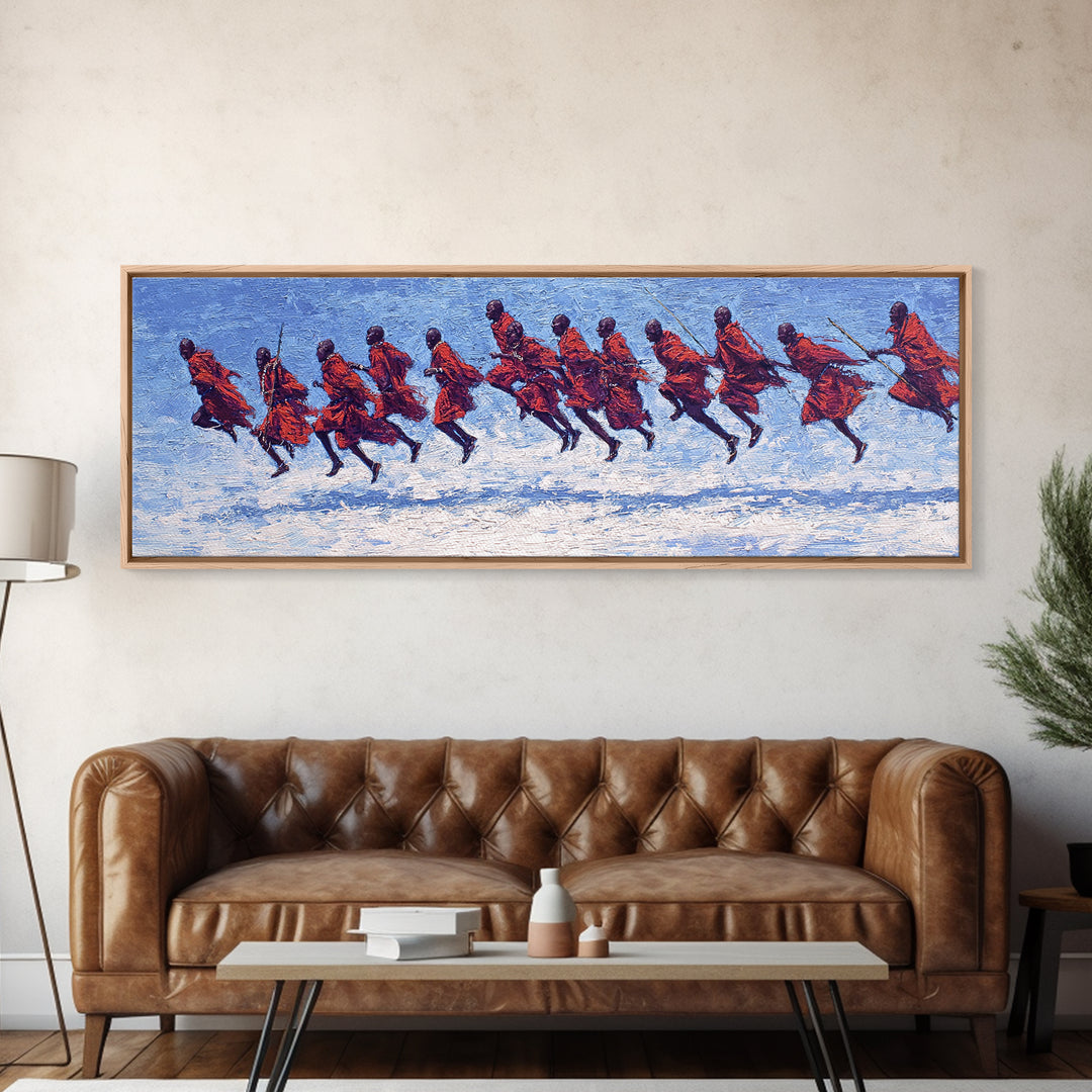 Blue Textured Maasai Warriors Running Wall Art, Abstract African Art, Tribal Safari Decor, Vibrant Panoramic Canvas Print