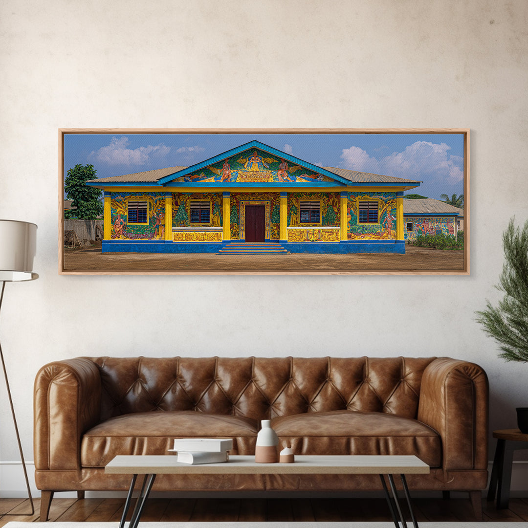 Painted African House Canvas Print, Bright Blue Yellow Facade, Folk Architecture Photography, Cultural Wall Decor Gift Print