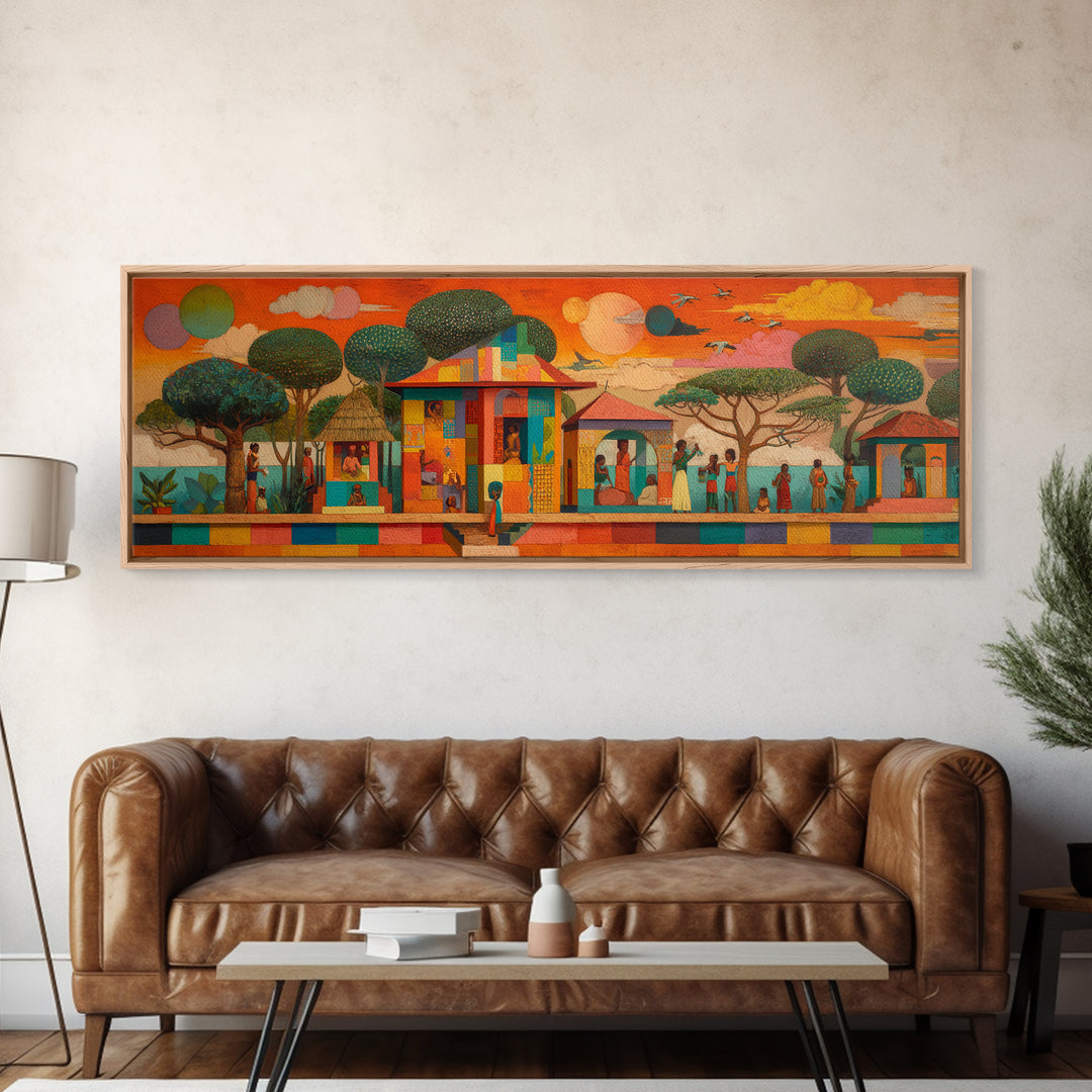 Modern African Village Framed Canvas Print, Sunset Trees And Colorful Homes, Afrocentric Landscape Decor, Cultural Wall Art