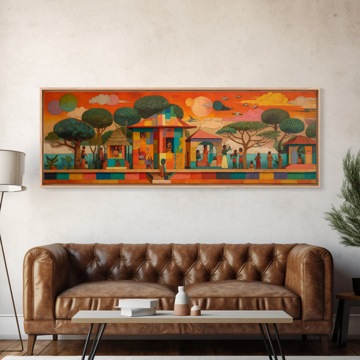 Modern African Village Framed Canvas Print, Sunset Trees And Colorful Homes, Afrocentric Landscape Decor, Cultural Wall Art