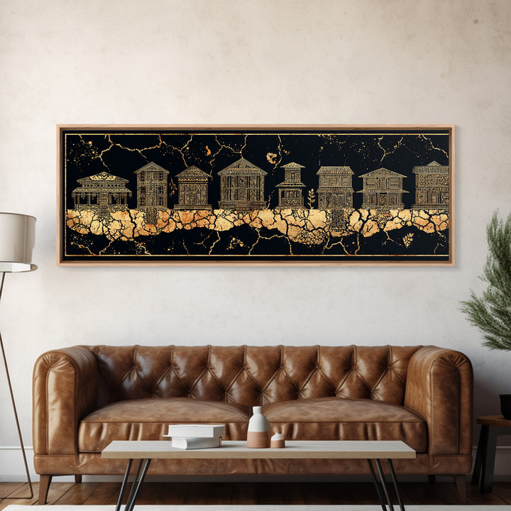 Gold African Village Wall Art, Black Crackle Line Houses, Tribal Architecture Print, Luxury Afrocentric Statement Decor Gift