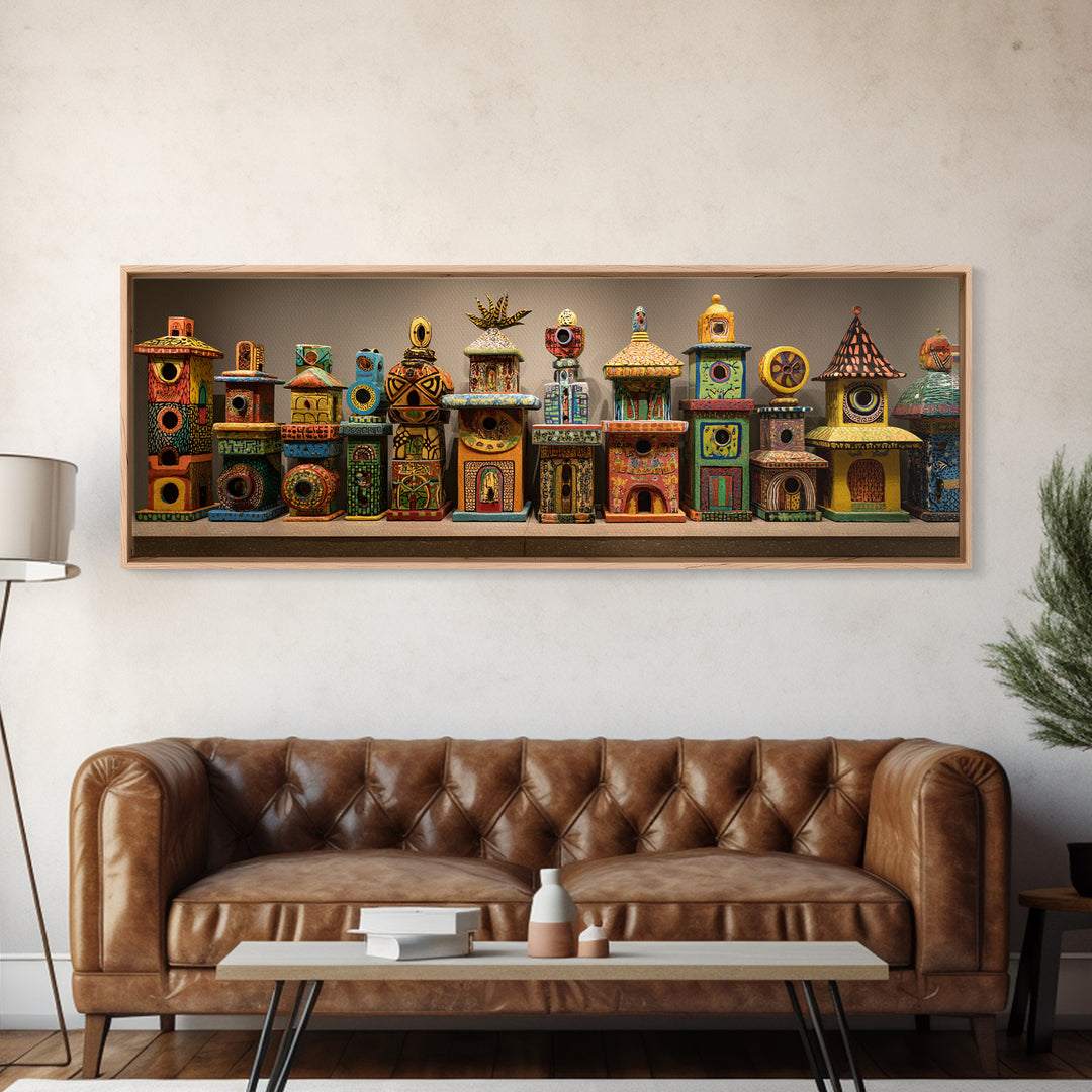 Whimsical Colorful Birdhouse Village Wall Art, African Inspired Canvas Print, Boho Home Decor, Playful Folk Architecture