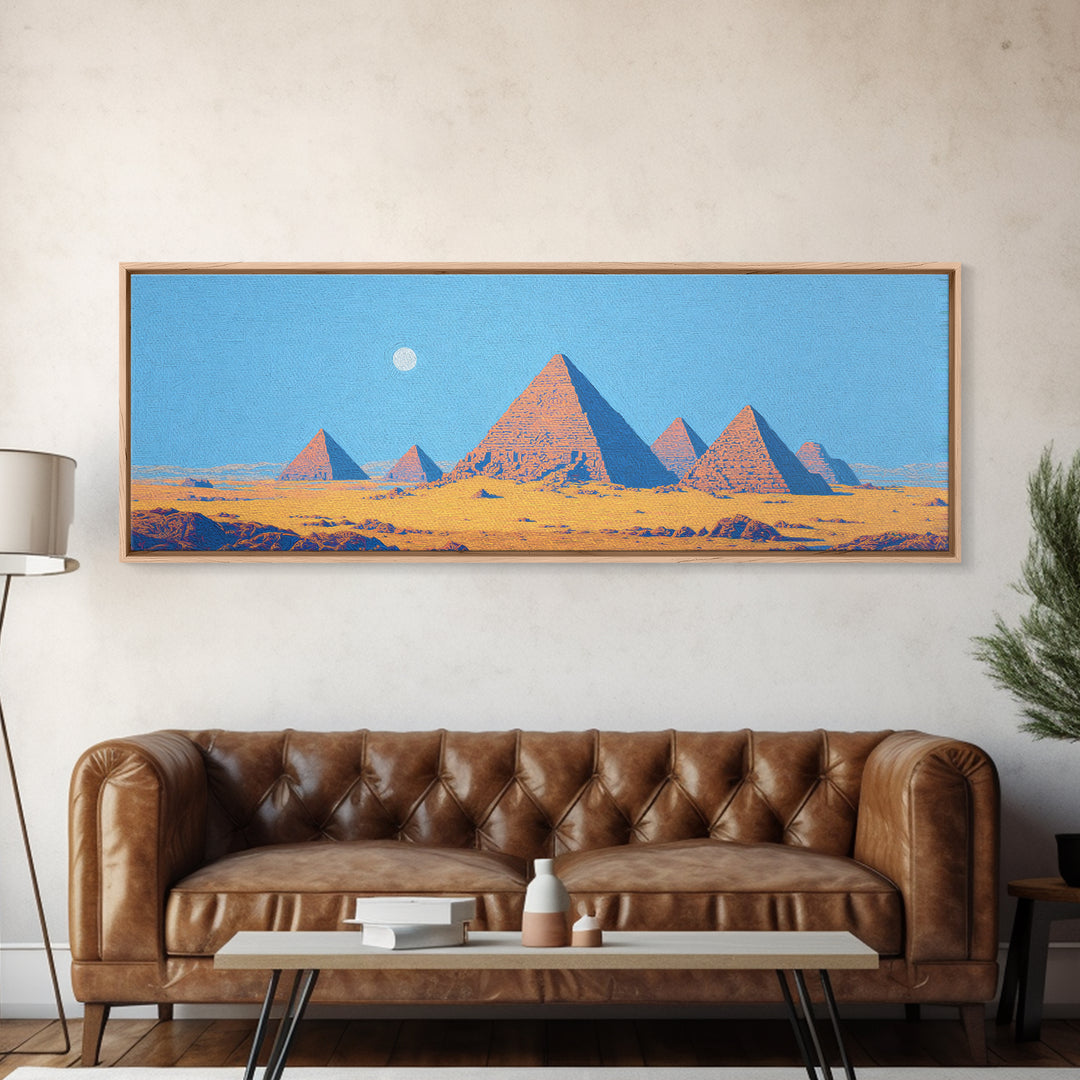 Blue Sky Egyptian Pyramids Moon Wall Art, African Landscape Canvas Print, Desert Travel Poster, Minimalist Cultural Decor