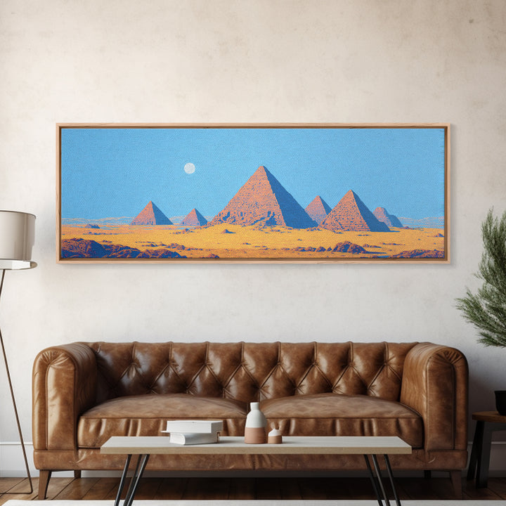 Blue Sky Egyptian Pyramids Moon Wall Art, African Landscape Canvas Print, Desert Travel Poster, Minimalist Cultural Decor