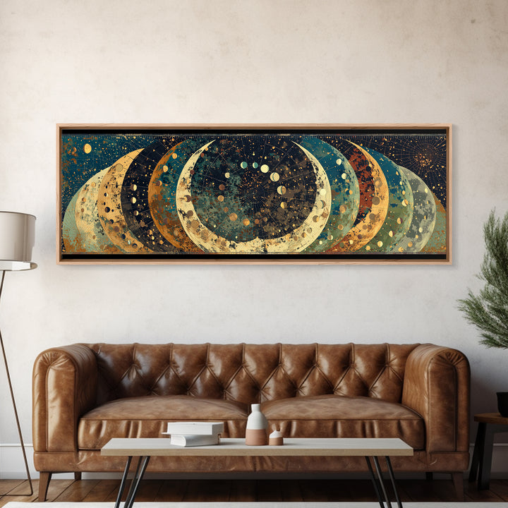 Layered Crescent Moon Abstract Wall Art, Mystical Wall Art, Boho African Inspired Canvas Print, Teal Gold Home Decor Gift