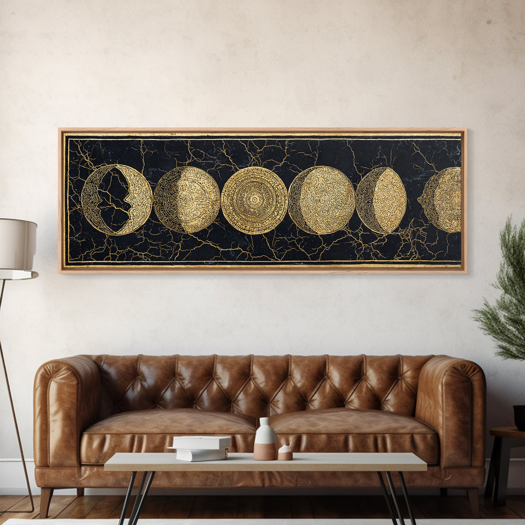 Gold Moon Phase Celestial Wall Art, Black And Gold Art, Spiritual Wall Decor, Mystical Canvas Print, Elegant Home Decor Gift