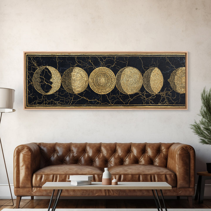 Gold Moon Phase Celestial Wall Art, Black And Gold Art, Spiritual Wall Decor, Mystical Canvas Print, Elegant Home Decor Gift