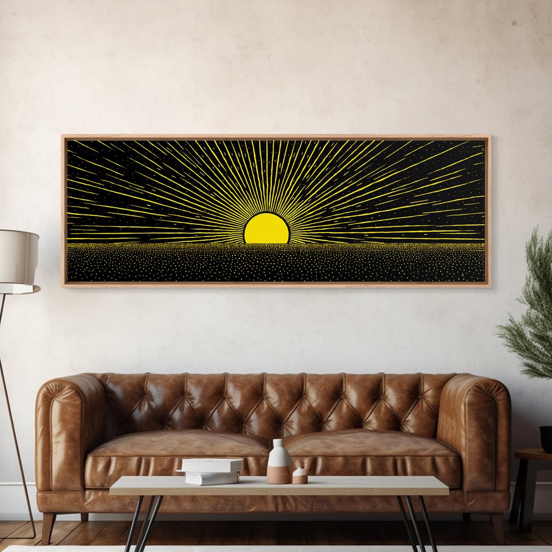 Minimal Golden Sunrise Rays Wall Art, Black And Gold Abstract Landscape, Modern Canvas Decor For Office Or Living Room Gift