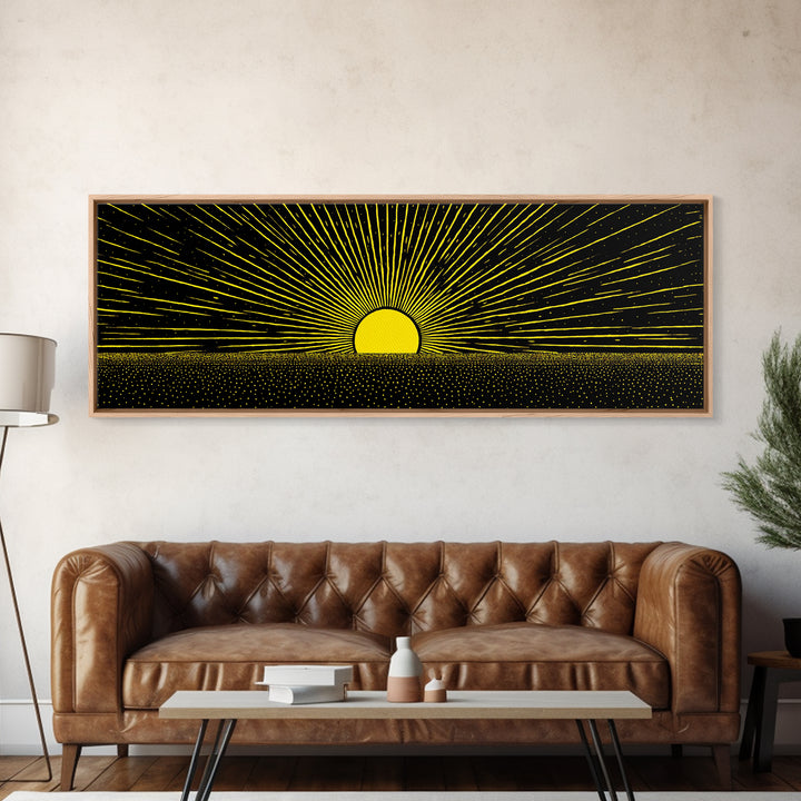 Minimal Golden Sunrise Rays Wall Art, Black And Gold Abstract Landscape, Modern Canvas Decor For Office Or Living Room Gift