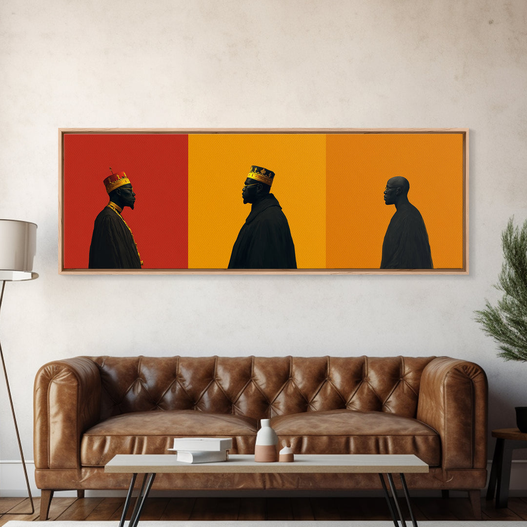Three African Kings Profile Framed Canvas Print, Royal Black Men Portrait, Afrocentric Wall Decor, Bold Orange Art For Home