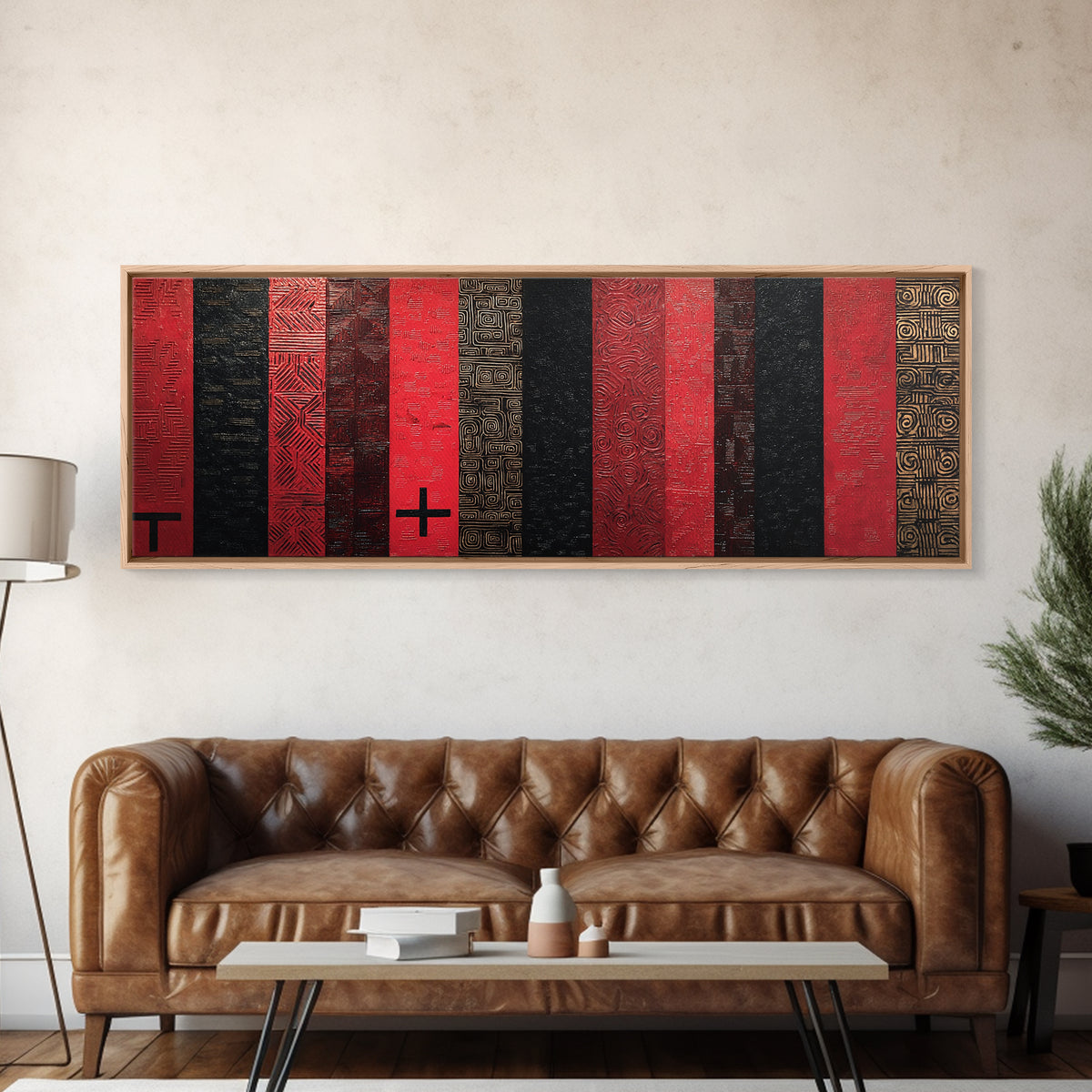 Red Black Gold African Fabric Wall Art, Tribal Textile Pattern Canvas Print, Cultural Geometric Decor For Modern Home Gift