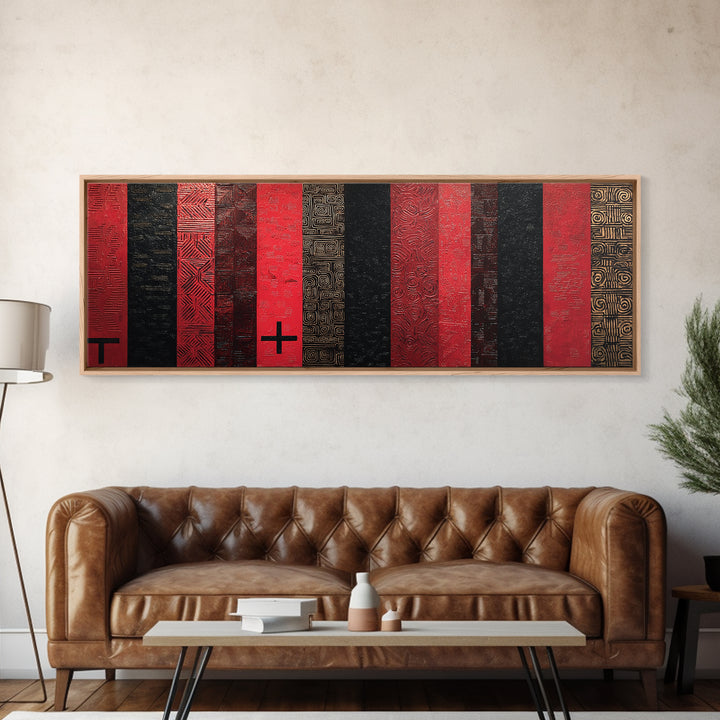 Red Black Gold African Fabric Wall Art, Tribal Textile Pattern Canvas Print, Cultural Geometric Decor For Modern Home Gift