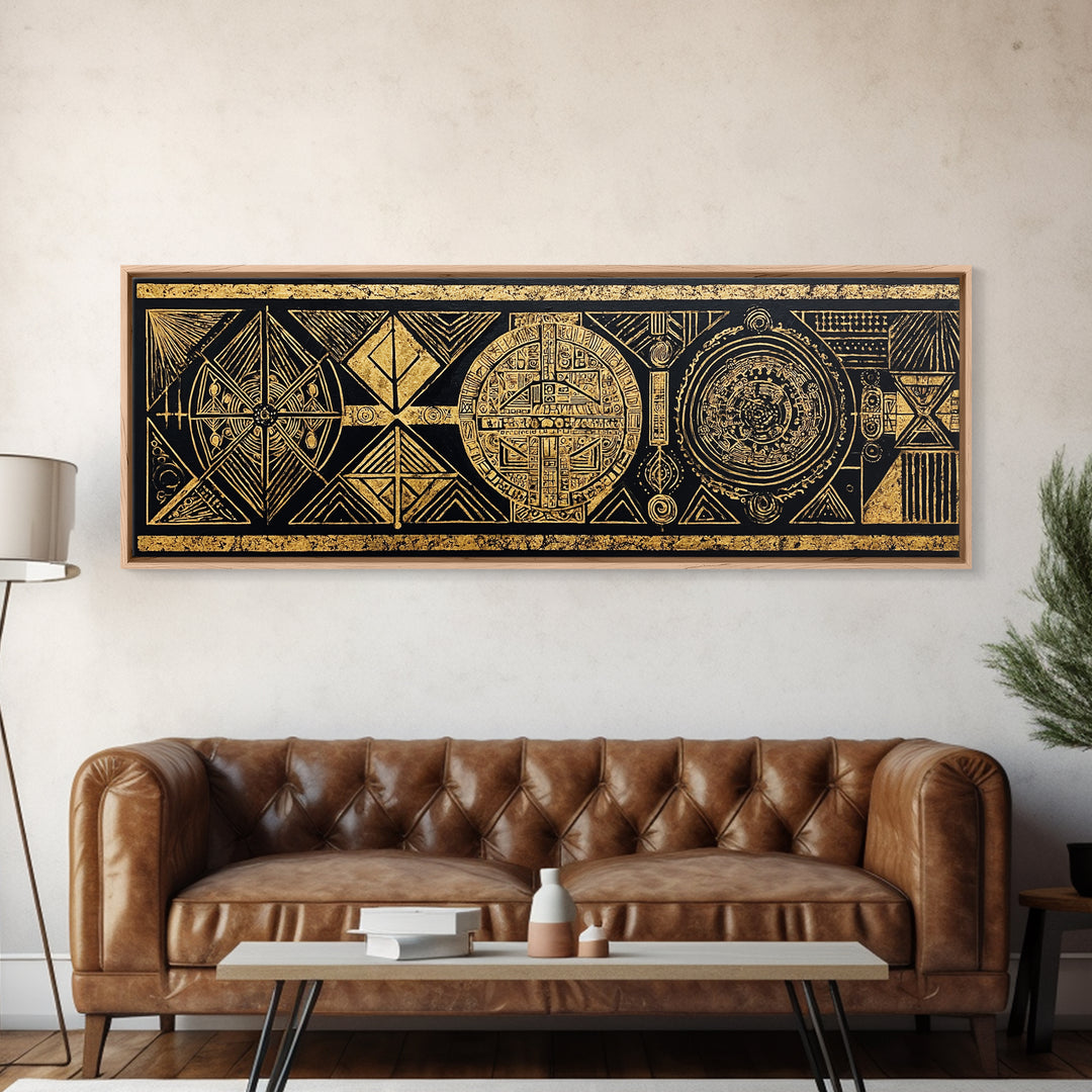 Black Gold Tribal Geometry Wall Art, African Patterns Painting, Kuba Inspired Textile Art, Luxury Canvas Decor For Home Gift