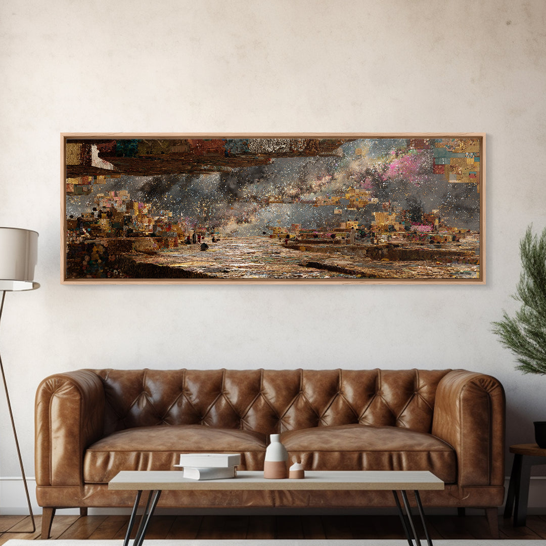 Starlit African Harbor Wall Art, Dreamy Landscape Painting, Abstract City Lights, Textured Art Print For Living Room Decor