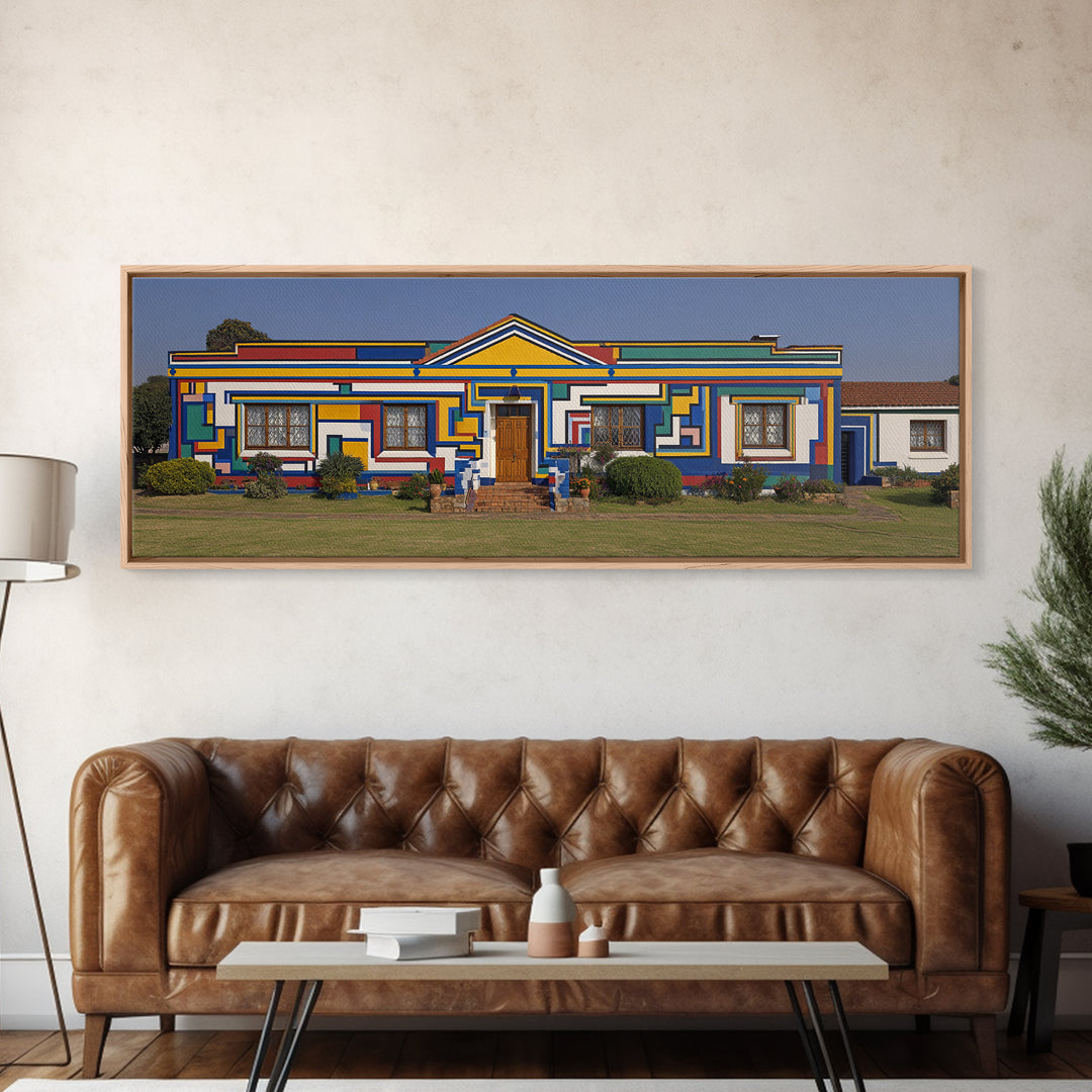 Bright Ndebele House Canvas Print, South African Art Decor, Geometric Pattern Facade, Cultural Wall Decor For Living Room