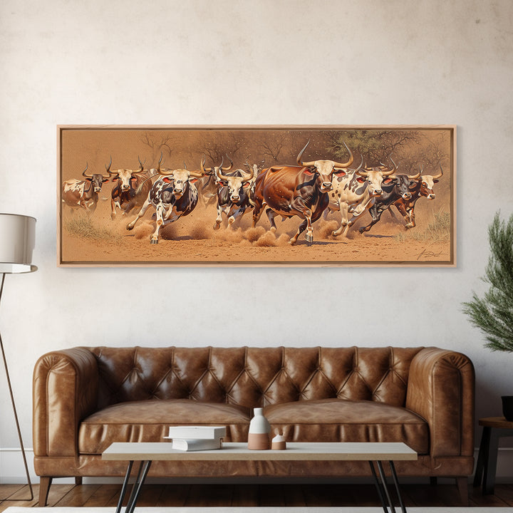 Charging African Cattle Herd Canvas Print, Safari Animal Wall Art, Rustic Ranch Decor, Brown Earth Tone Living Room Art Gift