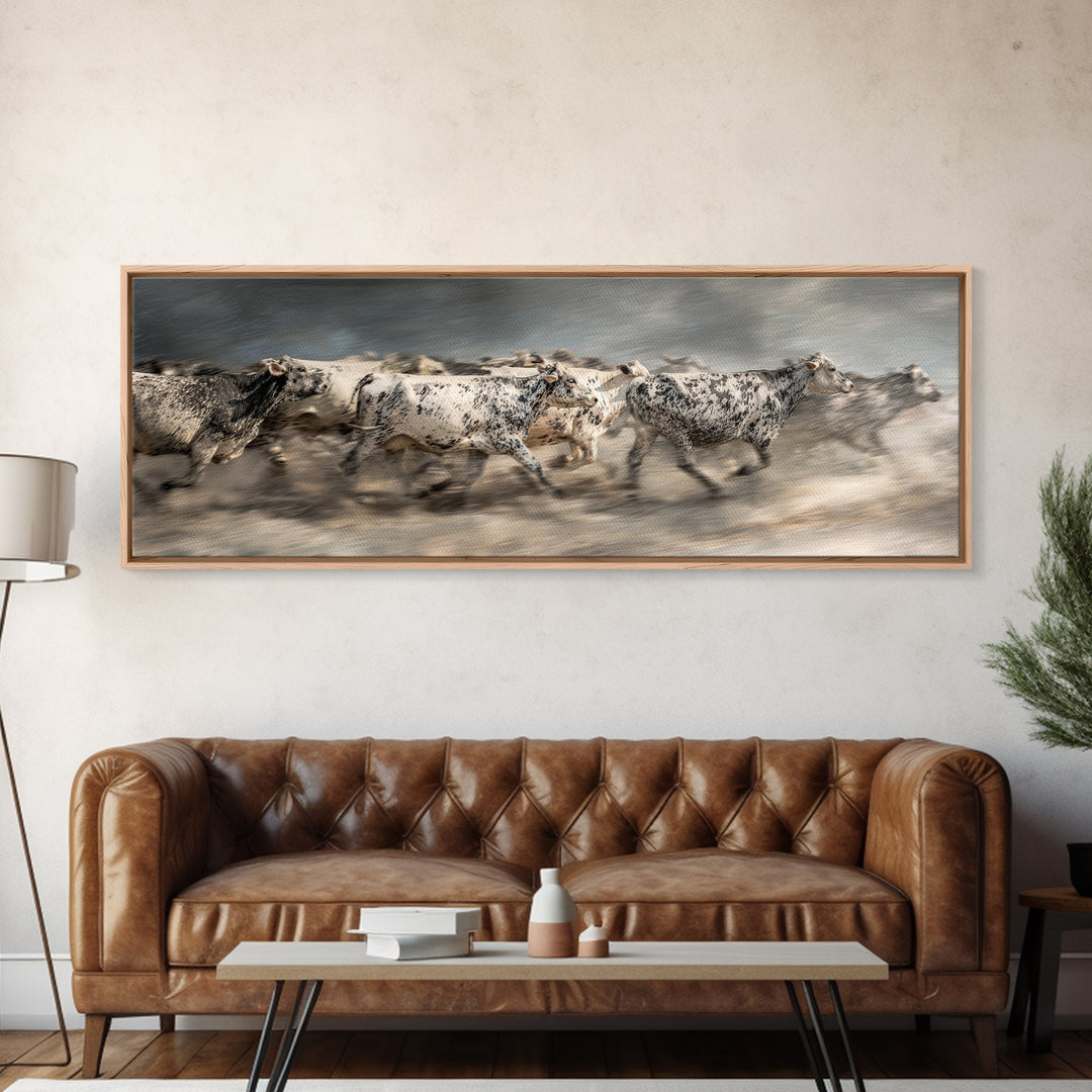 Running Speckled Cattle Wall Art, African Safari Art Print, Neutral Farmhouse Decor, Dramatic Animal Canvas For Home Decor
