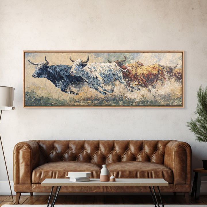 Three Running Bulls Framed Canvas Print, Textured Animal Painting, Rustic Safari Wall Art, Earth Tone Decor For Living Room