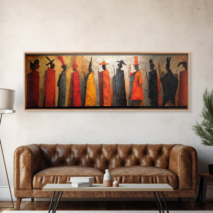 Tall Tribal Figures Framed Canvas Print, African Warrior Art, Afrocentric Wall Art, Cultural Home Decor, Bold Tribal Art Decor