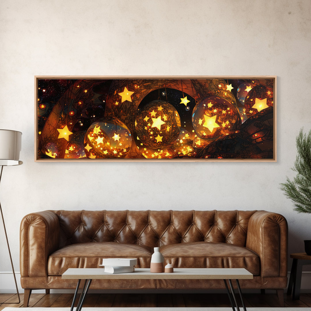 Glowing Star Orbs Canvas Print, Dreamy Wall Art, Black And Gold Art, Celestial Decor, Magical Bedroom Wall Decor, Unique Home Decor