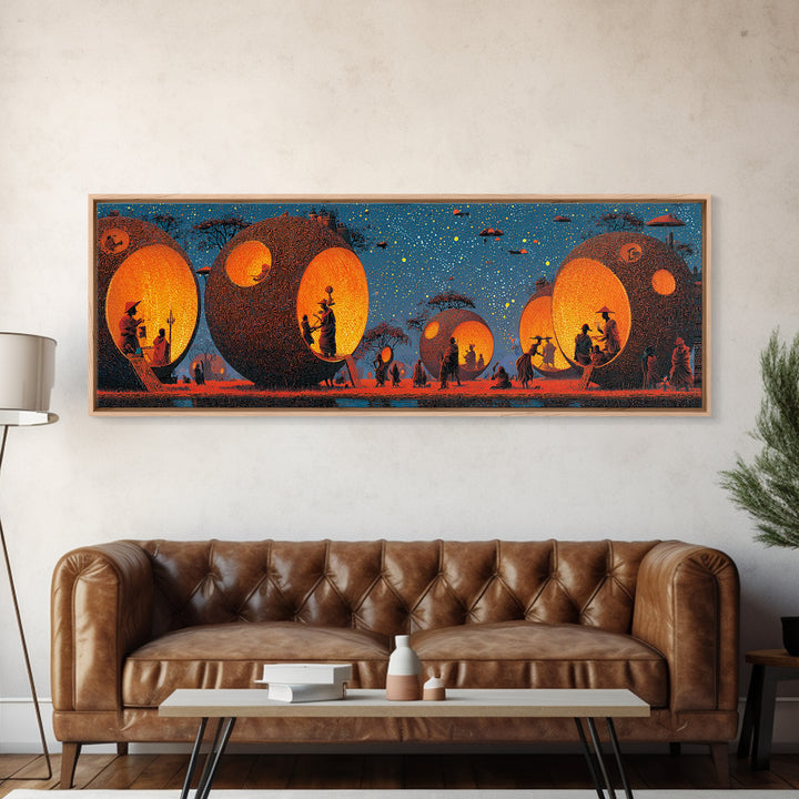 Glowing Spherical Village Canvas Print, African Inspired Wall Art, Orange Decor, Afrocentric Art, Culture Wall Art, Unique Canvas