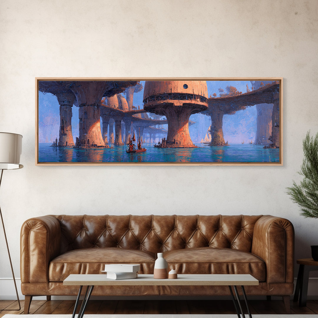 Futuristic Harbor City Canvas Print, Blue Wall Art, Modern Canvas Art, Large Wall Art, Fantasy Landscape Decor, Office Decor