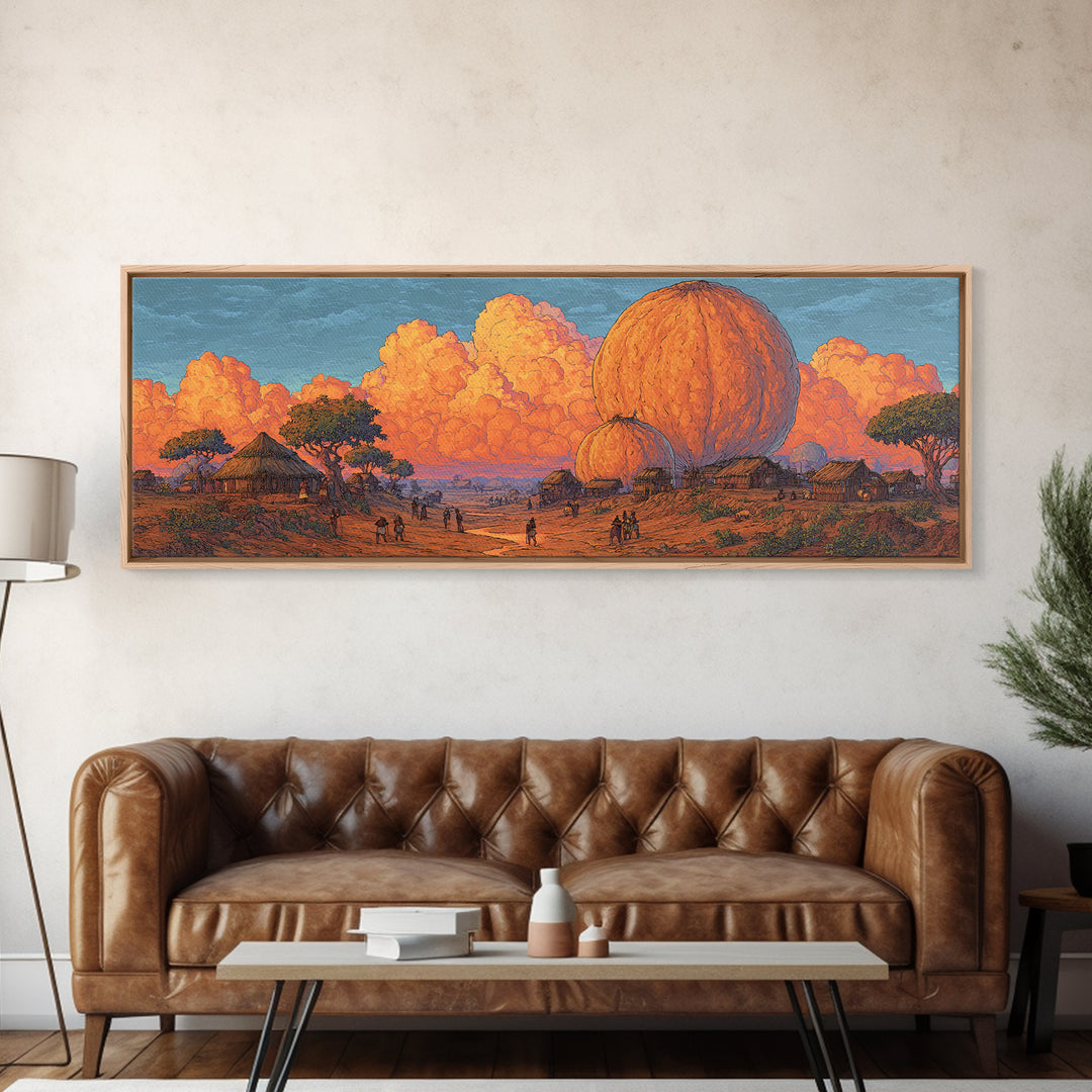 Orange African Savanna Baobab Village Wall Art, Afrocentric Landscape Canvas, Safari Decor, Earth Tone Living Room Print