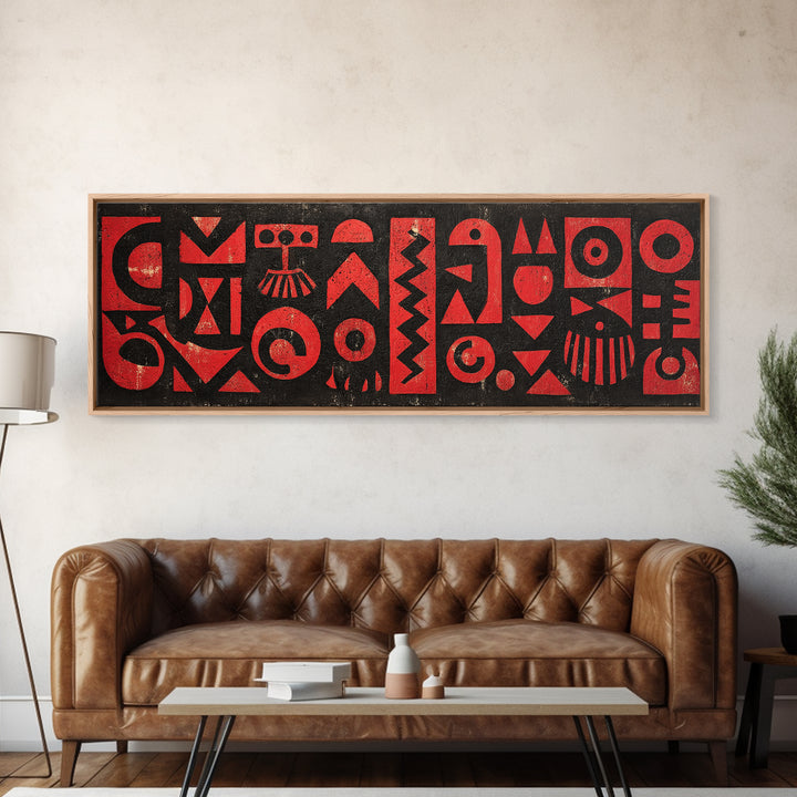 Red And Black African Tribal Glyphs Wall Art, Bold Geometric Canvas Decor, Afrocentric Symbols, Modern Ethnic Art Print Decor