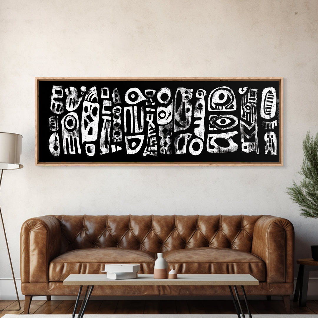 White Abstract African Mask Symbols Canvas Print, Black Tribal Pattern Wall Decor, Afrocentric Modern Art, Ethnic Art Print