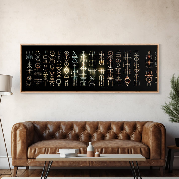 Illuminated African Tribal Icons Wall Art, Gold And Teal Symbol Pattern, Afrocentric Decor, Modern Cultural Art Print Gift