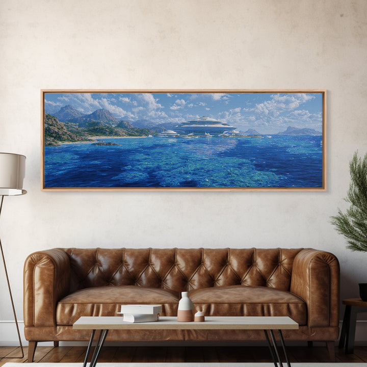 Blue Mediterranean Coast Futuristic Yacht Wall Art, Ocean Landscape Canvas Decor, Luxury Travel Poster, Modern Home Art Print