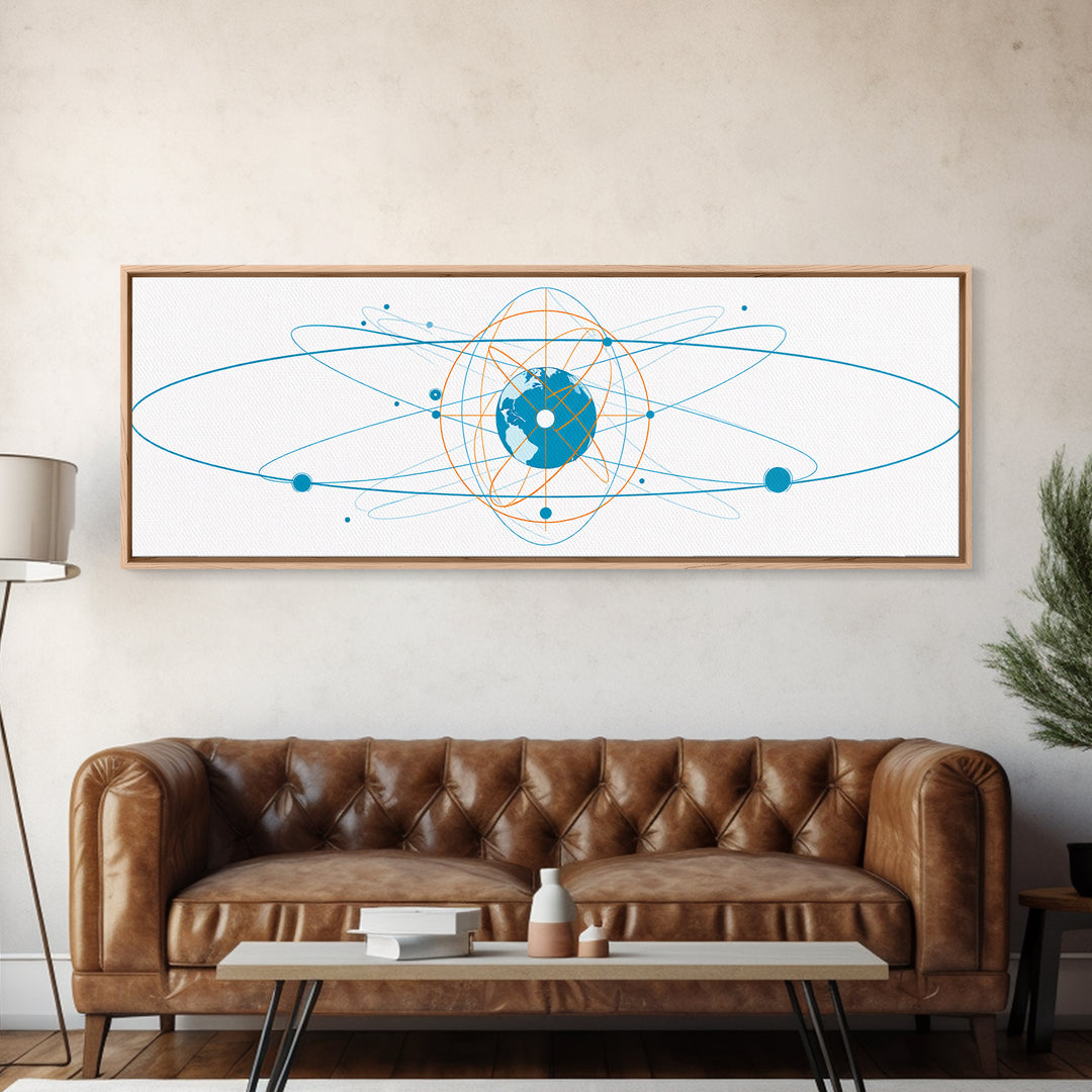 Blue Orange Atomic Globe Orbit Canvas Print, Modern Science Wall Art, Geometric Digital Art, Futuristic Office Decor Print