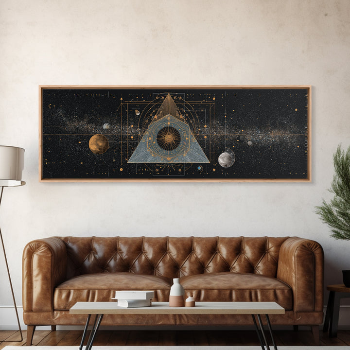 Mystic Planetary Triangle Framed Canvas Print, Gold Celestial Space Wall Art, Sacred Geometry Poster, Modern Home Decor Gift