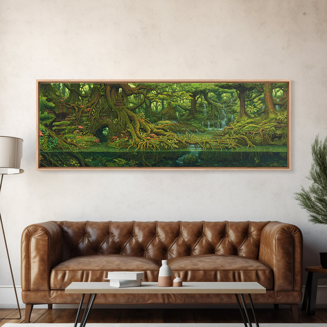 Ancient Jungle River Roots Wall Art, Lush Green Forest Canvas Print, Nature Scene Decor, Fantasy Landscape Home Decor Gift