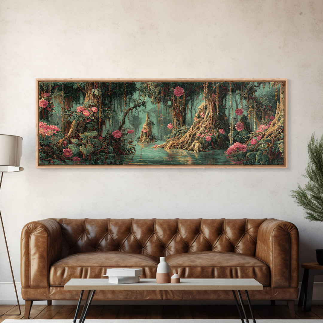 Enchanted Swamp With Pink Blooms Framed Canvas Print, Mystical Jungle Wall Art, Floral Nature Scene, Boho Home Decor Gift