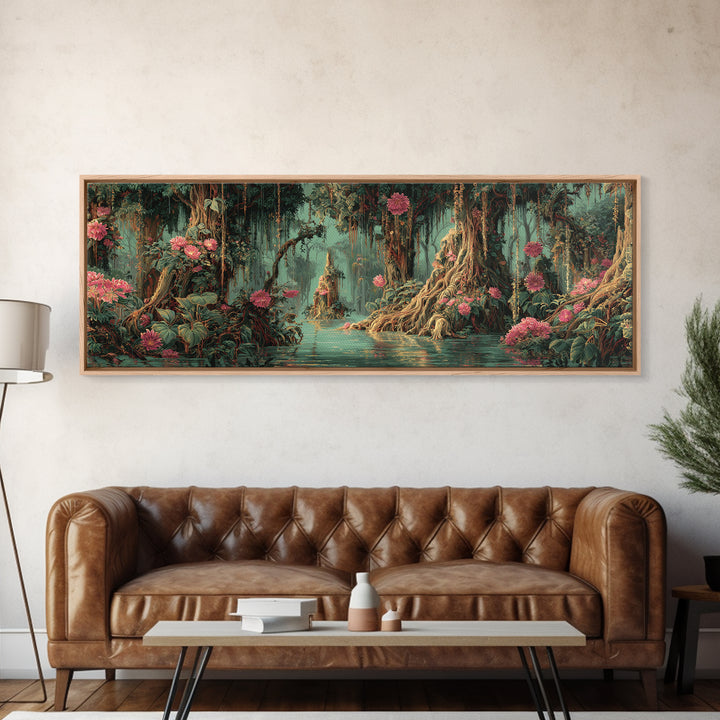 Enchanted Swamp With Pink Blooms Framed Canvas Print, Mystical Jungle Wall Art, Floral Nature Scene, Boho Home Decor Gift